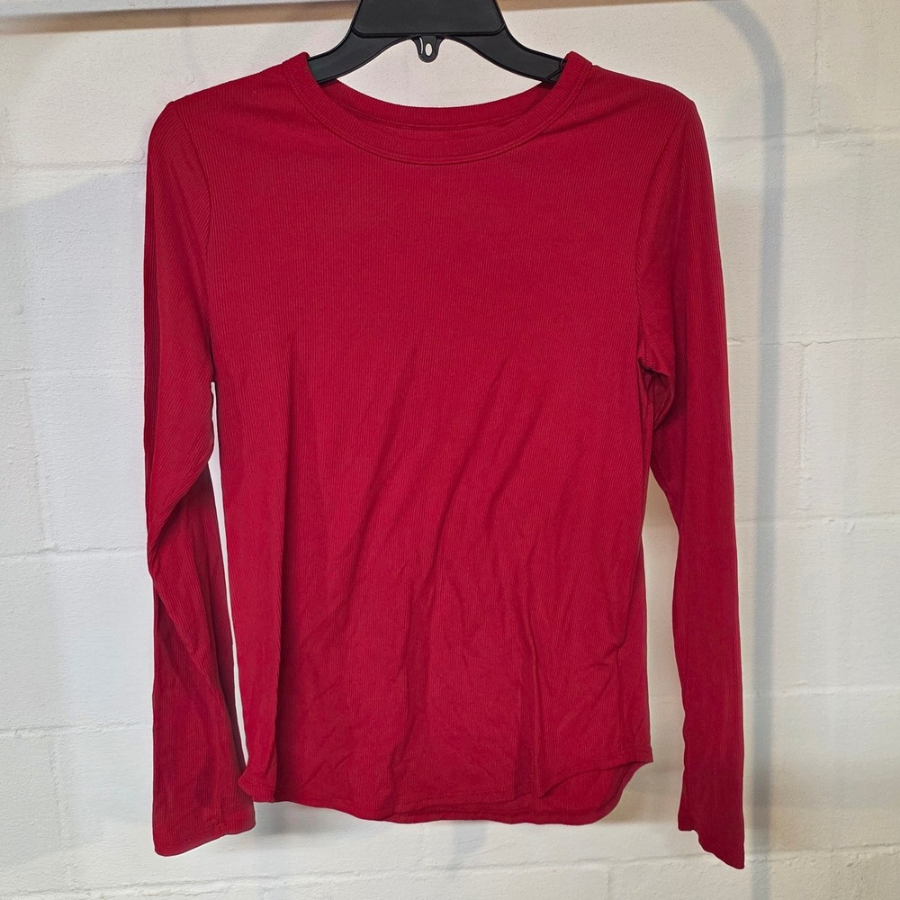 No Boundaries Juniors L Red Ribbed Long Sleeve Crew Neck Top